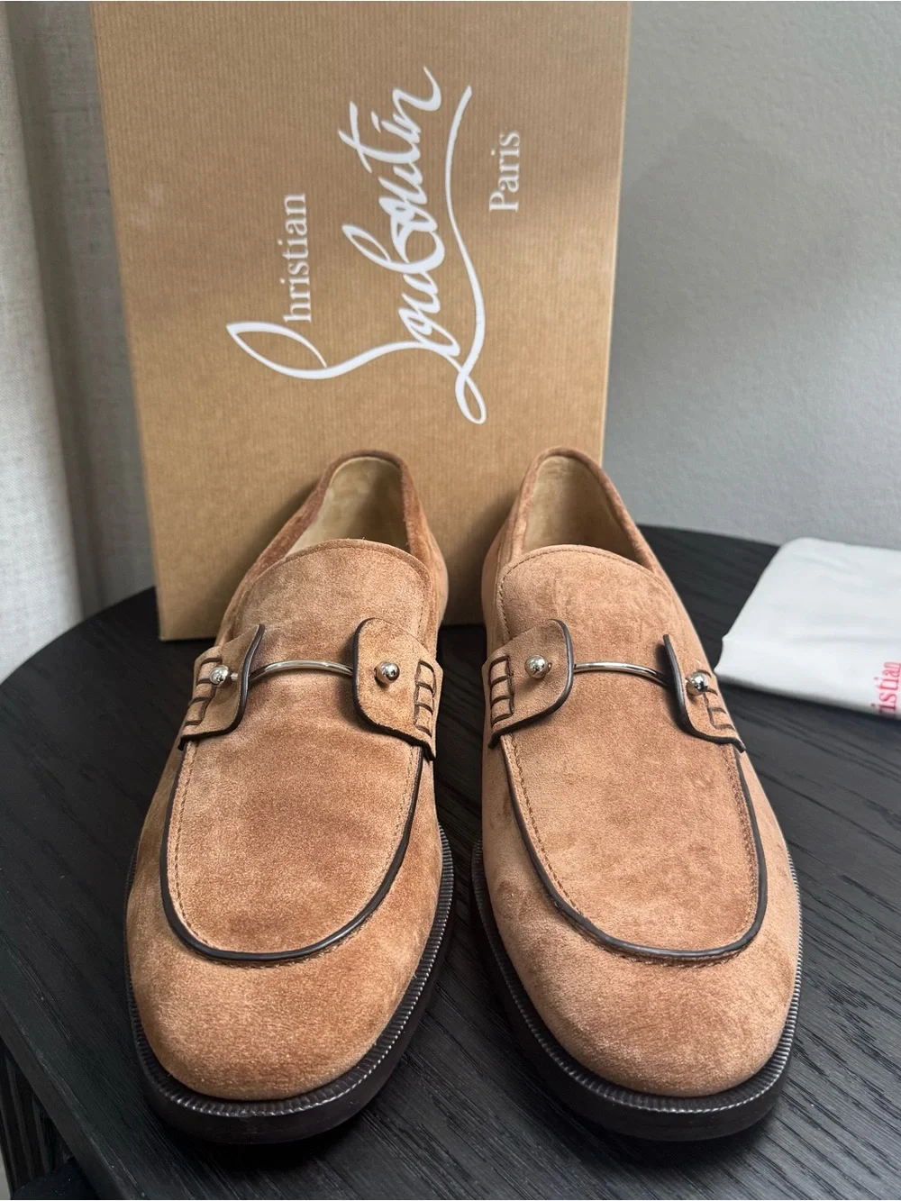 Christian Louboutin Chambelimoc Loafer Dress Shoes Suede Brown 42